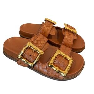 Schutz Enola Sporty Woven Leather Buckle Slide Sandals Honey Brown Sz 6 USA